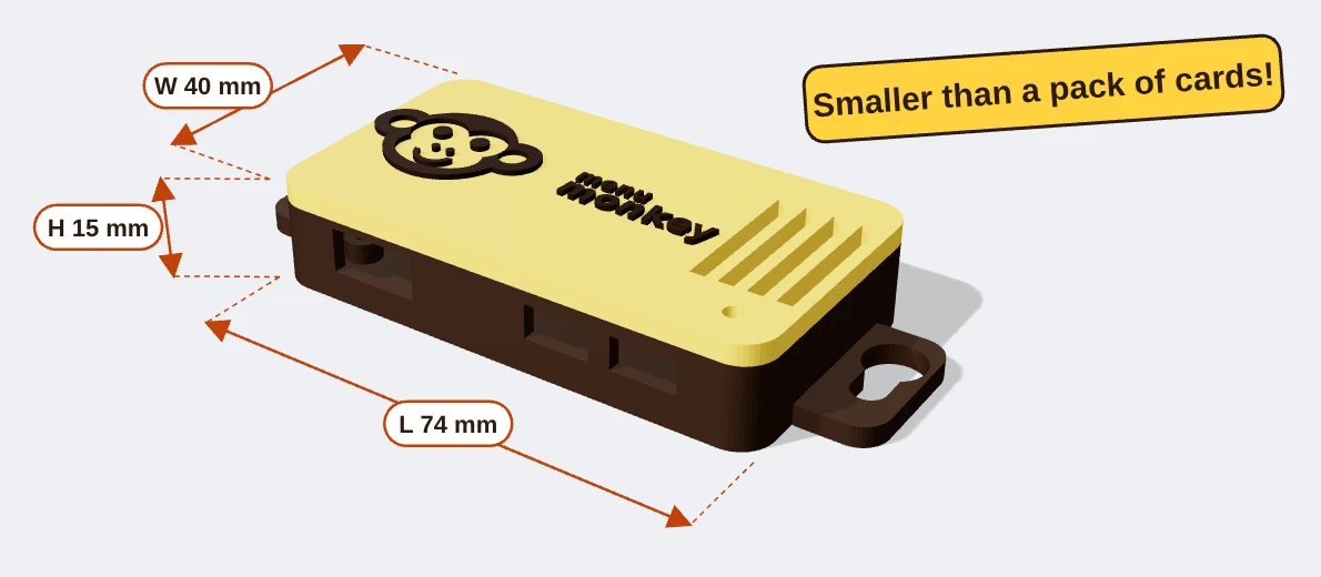 The Menu Monkey box, a small brown and yellow case with the monkey logo on the lid, measuring 74 mm long, 40 mm wide and 15 mm high: smaller than a pack of cards
